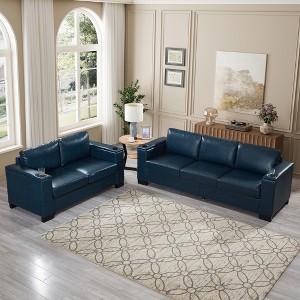 2-pieces PU Leather Upholstered Sofa Set with Square Arms, Cup Holders, and Hidden Storage, - 1 of 4