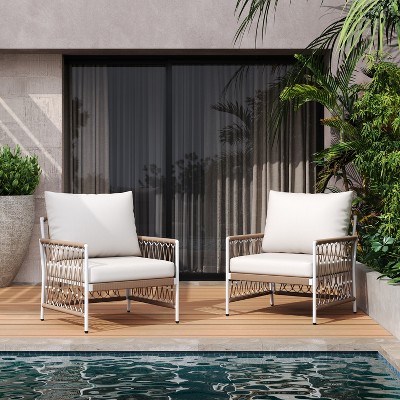 FIONECA Bohemian Outdoor Lounge Chair with Handwoven Rope & Powder-Coated Steel Frame, Waterproof Cushions ¨C Patio, Garden, Poolside