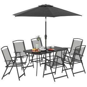 Outsunny 8 Piece Patio Dining Set with Table Umbrella, 6 Folding Chairs and Rectangle Dining Table, Outdoor Patio Furniture Set, Black - 1 of 4