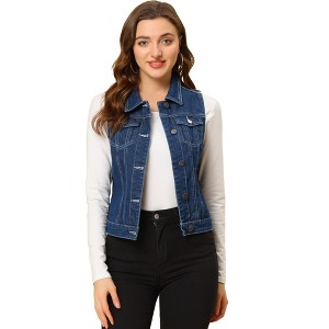 INSPIRE CHIC Women's Buttoned Washed Denim Vest with Faux Chest Flap Pockets - 1 of 4