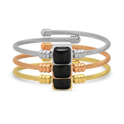 Steeltime Ladies 3pc set stainless steel, 18k gold plated, and 18k rose gold plated stackable twisted cable wire and simulated onyx bracelet - image 1 of 3