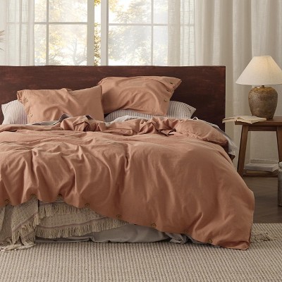 3 Pieces Linen Soft & Cozy Duvet Cover Linen Cotton Blend Bedding Set Tropical Plants Beige Color Cooling Bedding