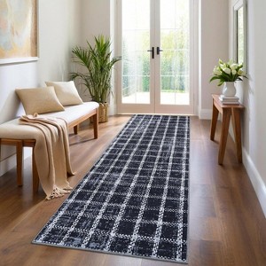 Acekool Geometric Checkered Area Rug, Washable Non-Slip Low Pile Entryway Carpet, Ultra Thin Lightweight Modern Throw Mat for Bedroom Living Room - 1 of 4
