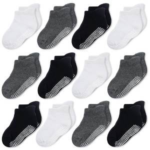 Cozyway Non-Slip Ankle Style Socks with Grippers, 12 Pack for Baby Boys and Girls, Black White and Dark Gray, 1-3 Years, Unisex - 1 of 4