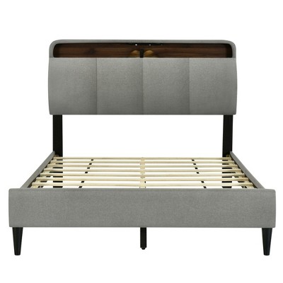 HomeRoots Gray Tufted Upholstered Full Bed Frame With USB
