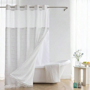 Farmhouse Shower Curtain with Snap - in Liner Rustic Bathroom Decor White 71x74 Inch Tassels - 1 of 4