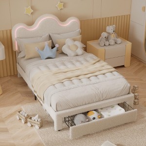 Twin Size Boucle Princess Bed Frame for Kids/Girls -Upholstered with Flower Headboard, LED Platform Bed with Storage Drawers, Solid Wood Slats Support - 1 of 4