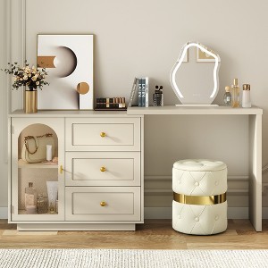 Heynemo Large Extendable Makeup Vanity Desk, Corner Vanity Table with 3 Drawer & Door, Modern Dressing Table and Chest of Drawers Combo, Beige - 1 of 4