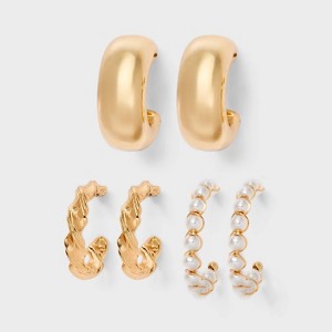 Smooth Twist and Pearl Hoop Earring Set 3pc - Wild Fable™ Gold - 1 of 3