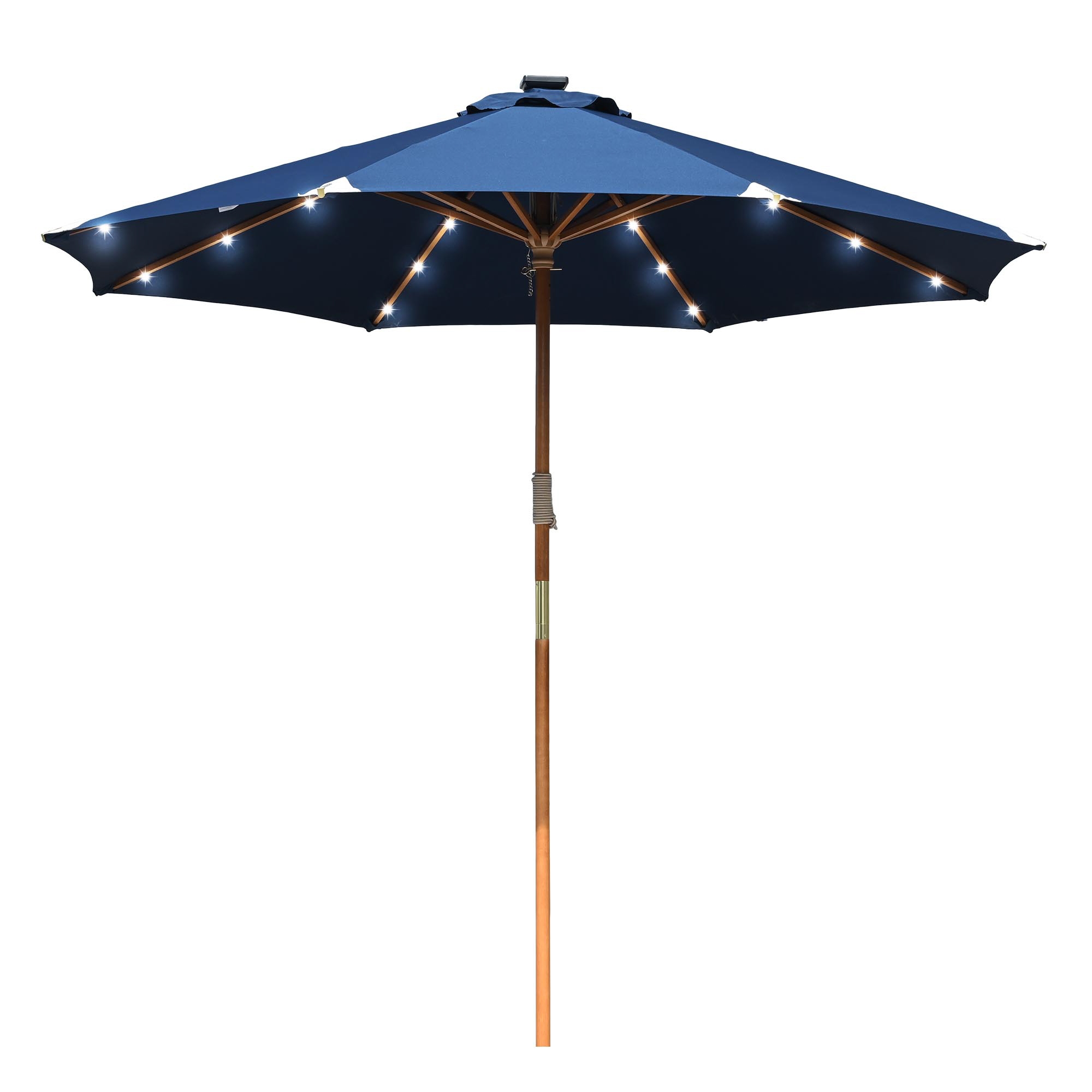LAGarden Boho 32 LED 9Ft Wood Market Patio Umbrella with Solar Lights for Bar Hotel Resort Alfresco Dining Rooftop Restauran Navy Blue