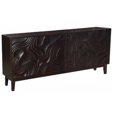 HomeRoots 80" Dark Brown Solid Wood Carved Abstract Sideboard with Four Doors