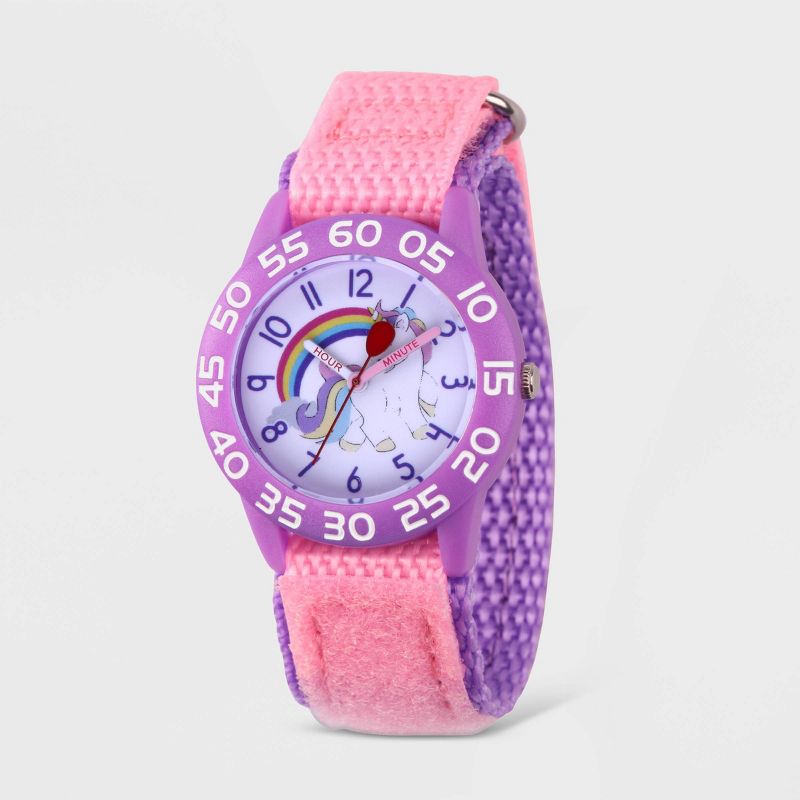 Girls&#39; Red Balloon Unicorn Rainbow Plastic Time Teacher Hook And Loop Strap Watch - Pink, 1 of 7