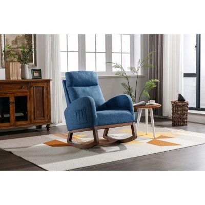 CAVINAS Linen Upholstered Accent Chair with Wood Legs,Modern Rocking Chairs with High Back and Side Pocket for Bedroom,Reading Room