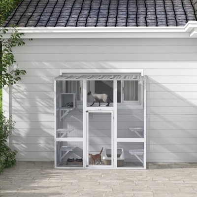 White Wooden Outdoor Cat House with Platforms and Bridge