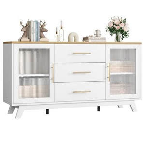 White Coffer Bar Cabinet with 2 Fluted Glass Doors, 56" Modern Sideboard Buffet Cabinet with 3 Drawers, White Large Storage Cabinet for Kitchen Dini - 1 of 4