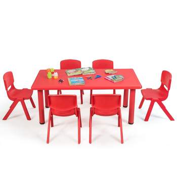Tangkula Kids Table & 6 Chairs Set Activity Desk & Chair Set Indoor/Outdoor Home Classroom Red/Blue