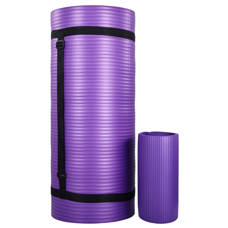 BalanceFrom All-Purpose 71" x 24" x 1-Inch Extra Thick High Density Anti-Tear Exercise Yoga Mat, Knee Pad with Carrying Strap & 2 Yoga Blocks, Purple, 2 of 6