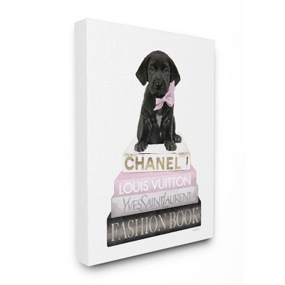 Stupell Industries Black Puppy with Pink Bow on Glam Book Stack