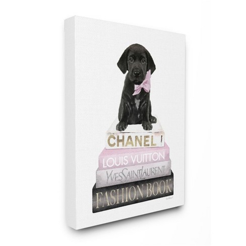 Stupell Industries Black Puppy With Pink Bow On Glam Book Stack