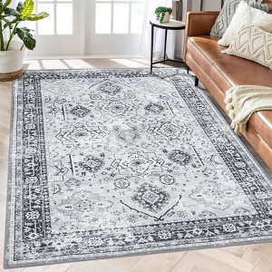 Machine Washable Vintage Floral Area Rug Ultra Thin Non Slip Carpet Stain Resistant Floral Printed  Floor Mat for Living Room Bedroom Kitchen - 1 of 4