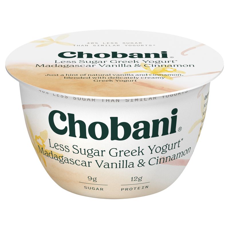 Chobani Less Sugar Low-Fat Blended Madagascar Vanilla &#38; Cinnamon Greek Yogurt - 5.3oz, 1 of 9