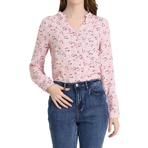 Allegra K Women's Floral Loose V Neck Long Sleeve Button-Up Shirt - 1 of 4
