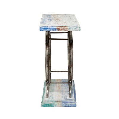 Rustic Blue Bike Console Table with Slatted Wood Top and Metal Frame