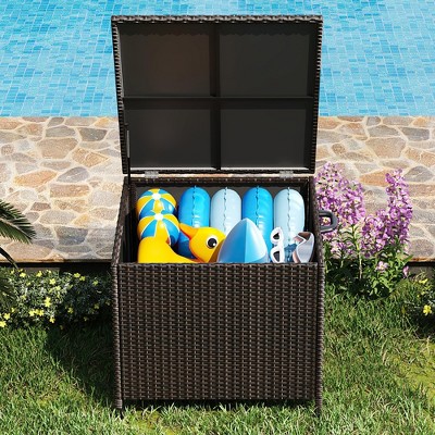 Outdoor Storage Box, 80 Gallon Rattan Deck Box with Support Frame and Wheels