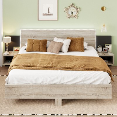 Whisen King Size Wooden Floating Platform Bed, with LED Lights