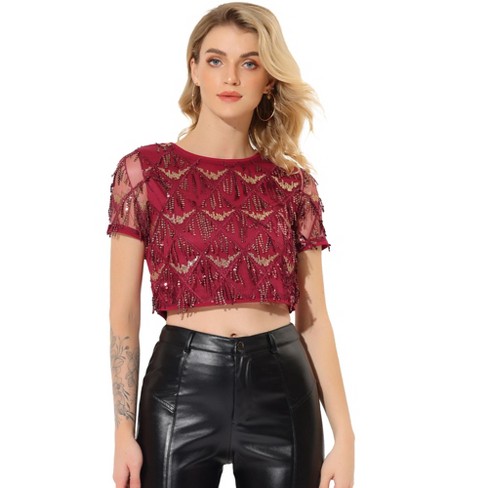 Allegra K Women's Sequin Shiny Glitter Crop Short Sleeves Tassel T