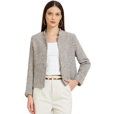 Allegra K Women's Tweed Stand Collar Long Sleeve Cropped Blazer Jacket