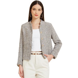 Allegra K Women's Tweed Stand Collar Long Sleeve Cropped Blazer Jacket - 1 of 4