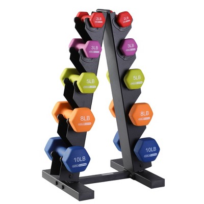 HolaHatha 2, 3, 5, 8, and 10 Pound Neoprene Dumbbell Free Hand Weight Set with Storage Rack, Ideal for Home Exercises to Gain Tone and Definition