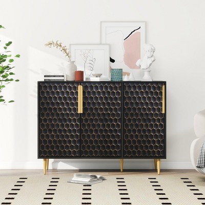 Accent Cabinets For Living Room,Storage Cabinet With 3 Honeycomb Hexagons Pattern Doors And Adjustable Shelves,Indoor Furniture-Maison Boucle