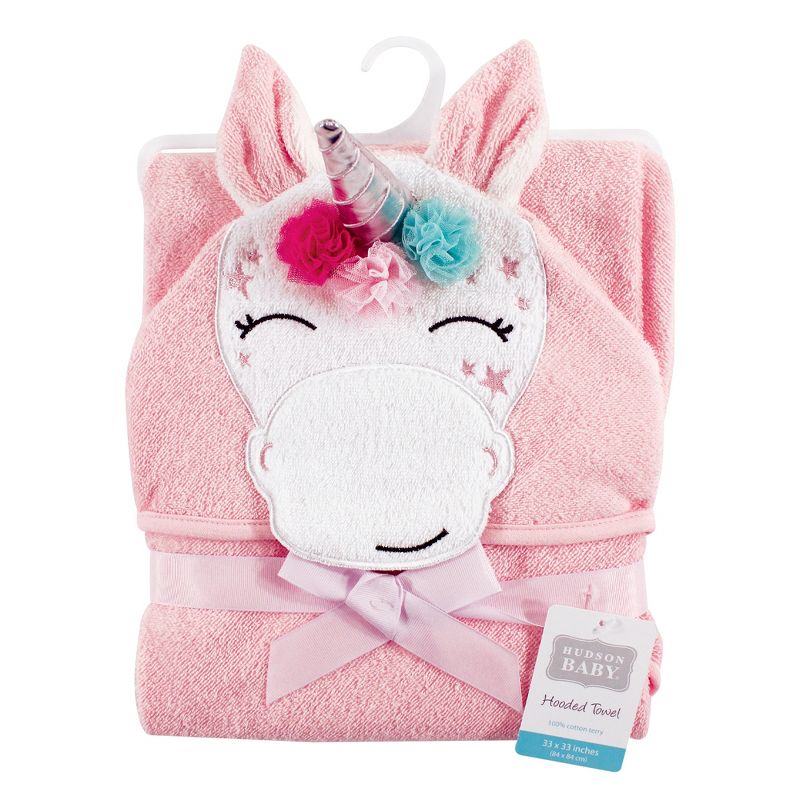Hudson Baby Infant Girl Cotton Animal Face Hooded Towel, Whimsical Unicorn, One Size, 3 of 4