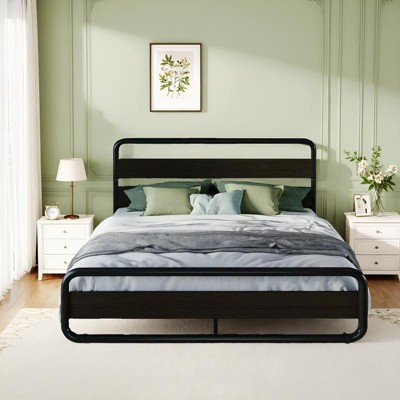 Allewie King Metal Bed Frame with Curved Wood Headboard & Footboard, Heavy Duty Platform with Storage, Noise-Free, No Box Spring, Easy Assembly, Black