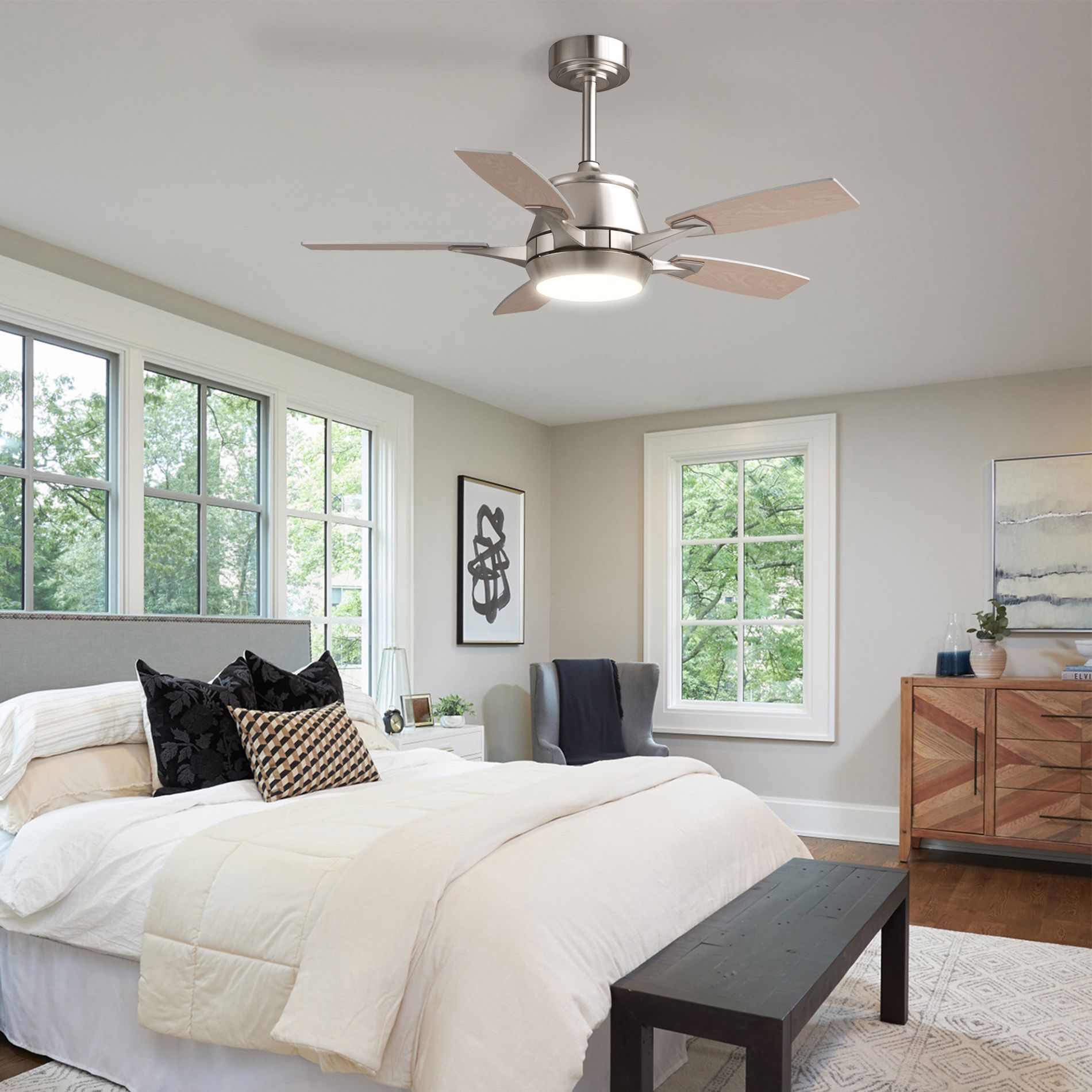 Siljoy 42" Ceiling Fan with Light, Modern Ceiling Fan Lights, DC Reversible Motor, Smart APP & Remote Control, Whisper Quiet, Dimmable LED (Nickel)