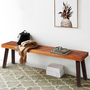 Costway Set of 2 Patio Acacia Wood Dining Bench with Rustic Steel Legs Outdoor Indoor - 1 of 4