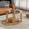 KIGFTSOD Modern Brown Glass Coffee Table, Asymmetrical Metal, Circular Metal Drum Base, Gold Finish & Lower Shelf - 2 of 4