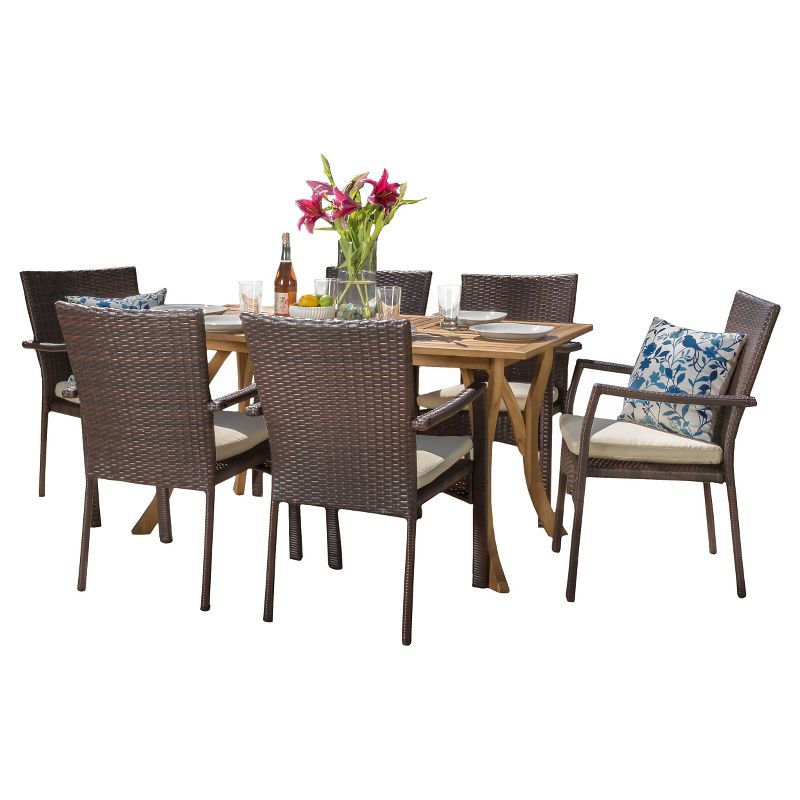 Corleone 7pc Acacia Wood & All-Weather Wicker Dining Set - UV-Protected, Cushioned Seating - Christopher Knight Home, 3 of 6