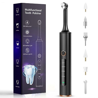YEVYO 4 Mode Tooth Polisher - 5 Replaceable 360° Dental Polishing Heads with LED?Lighted Cleaning Tool, IPX6 Waterproof Teeth Polishing Kit - Black