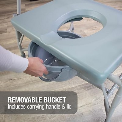 DMI Drop Arm Portable Toilet Commode, Extra-Wide Seat, 500 Pound Weight Capacity, Bucket with Lid Included, Adjustable Legs