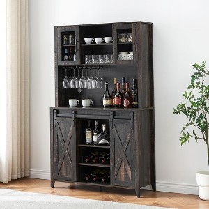 Farmhouse Bar Cabinet - Sliding Barn Door, 70 Inch Tall Buffet Cabinet with Shelves, Liquor Cabinet with Wine and Glasses Rack, for Kitchen, Dining - 1 of 4