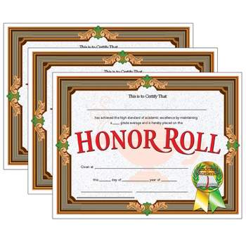 Hayes Publishing Honor Roll Certificate 30 Per Pack 3 Packs (H-VA612-3)