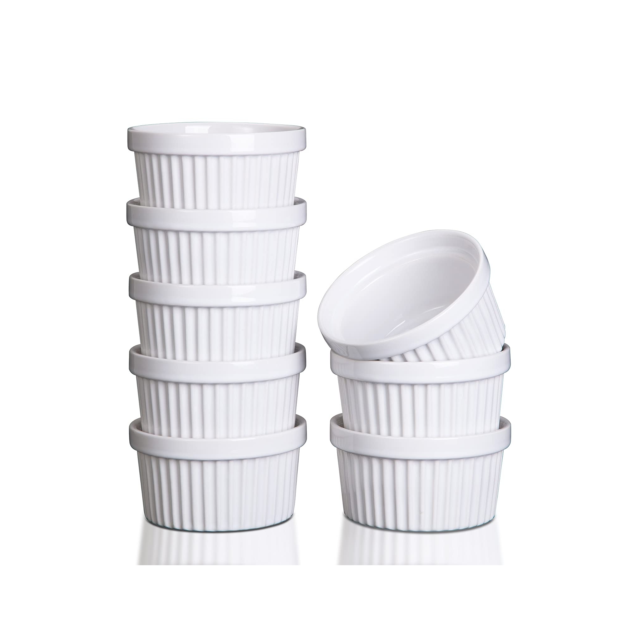 8-Pack 8oz Porcelain Ramekins - Oven/Dishwasher Safe Ceramic Cups (White) for Baking Creme Brulee/Souffle/Serving Dips