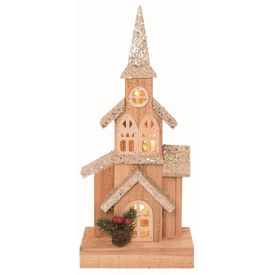 Transpac Wood Brown Christmas Light Up Rustic Church