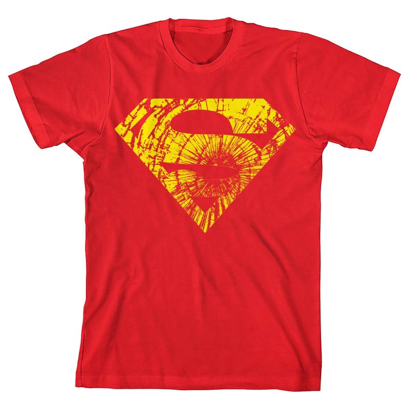 Superman Distressed Yellow Logo Boy's Red T-shirt, 1 of 2