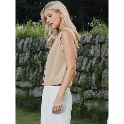INSPIRE CHIC Women's Sleeveless Button Down Crew Neck Trendy Business Casual Waistcoat Large Khaki — фото 2