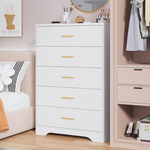 Tall Chest of Drawers for Bedroom with 5 Drawers, Wooden Dresser with Gold Handles for Closet, Wood Storage Cabinet and Organizer Drawers - 1 of 4