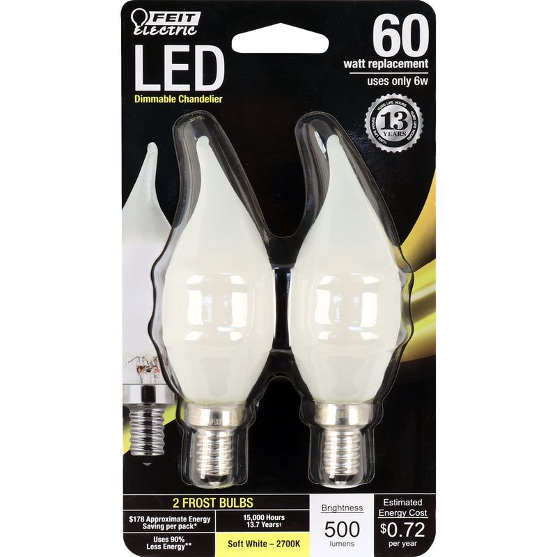 Feit Electric CA10 E12 (Candelabra) LED Bulb Soft White 60 Watt Equivalence 2 pk, 1 of 5